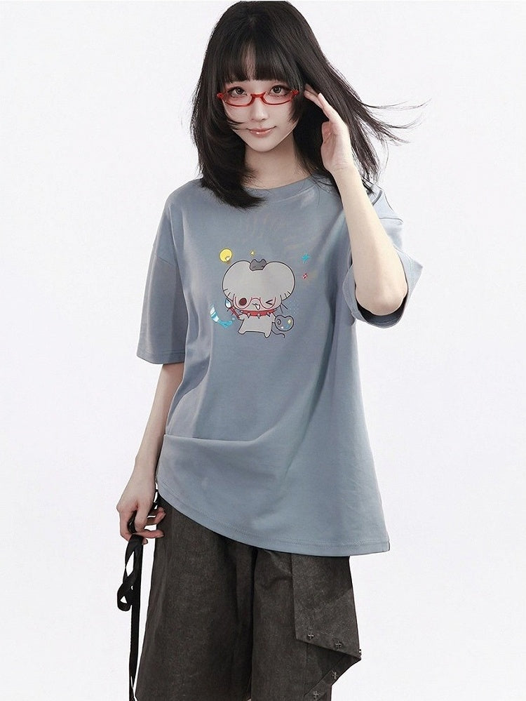 Gray Round Neck Short Sleeve Tee with Cartoon Mouse - PINK SAVIOR