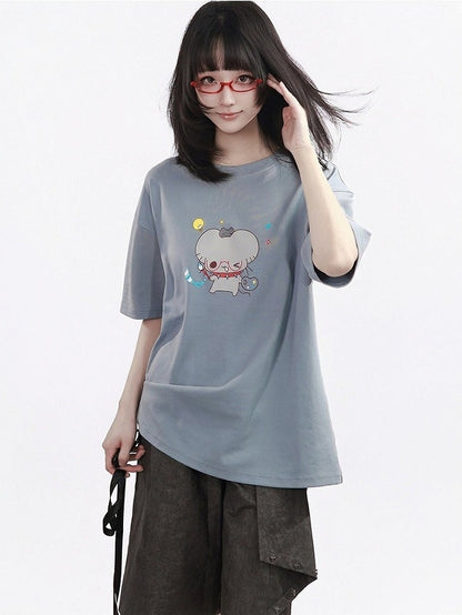 Gray Round Neck Short Sleeve Tee with Cartoon Mouse - PINK SAVIOR