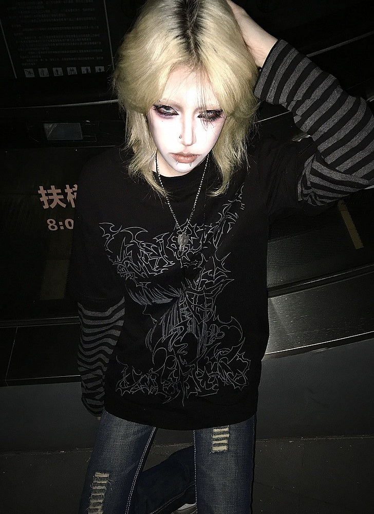 ブラック エモ パンク ガール ストライプ スリーブ グラフィック Tシャツ