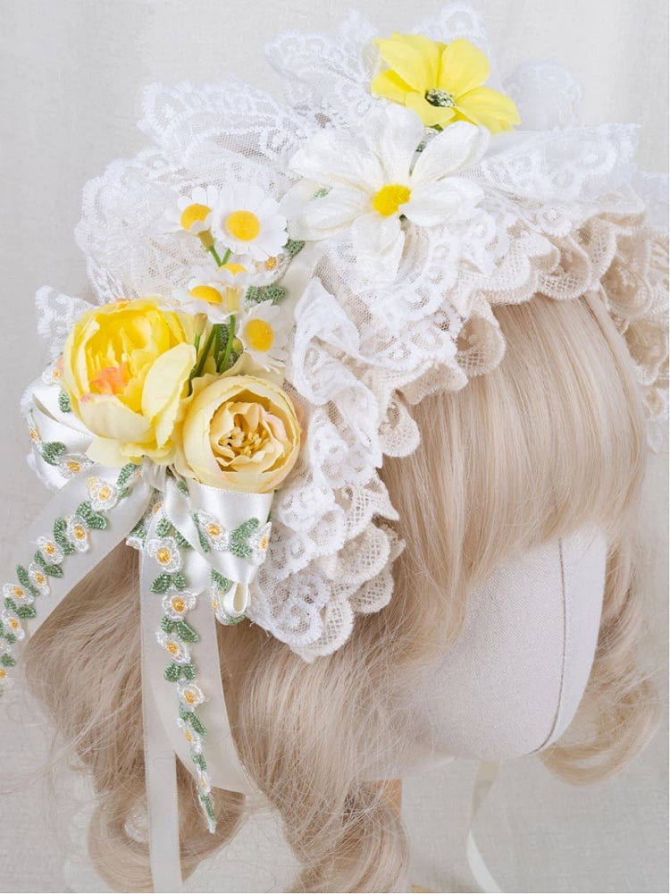 White Yellow Floral Hairband Embroidery Lace