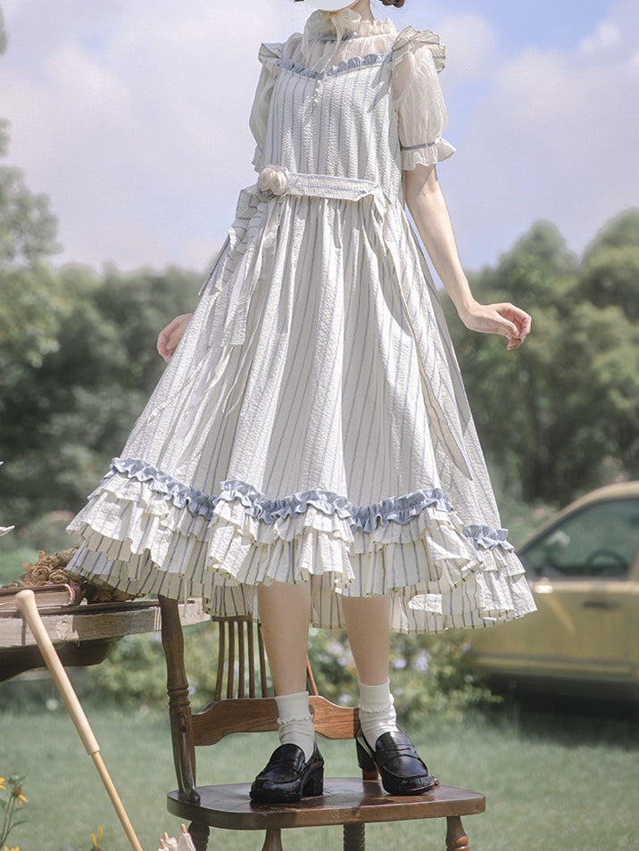 Waistbelt Flutter with Blue Striped Beige Sleeves and Dress