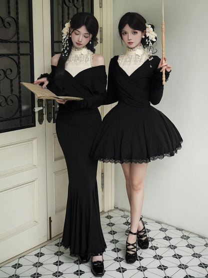 V-Neck Deep + Dress Knit Slim-Fit Sleeveless Flower Hairclip Top Black Beige Mermaid Elegant