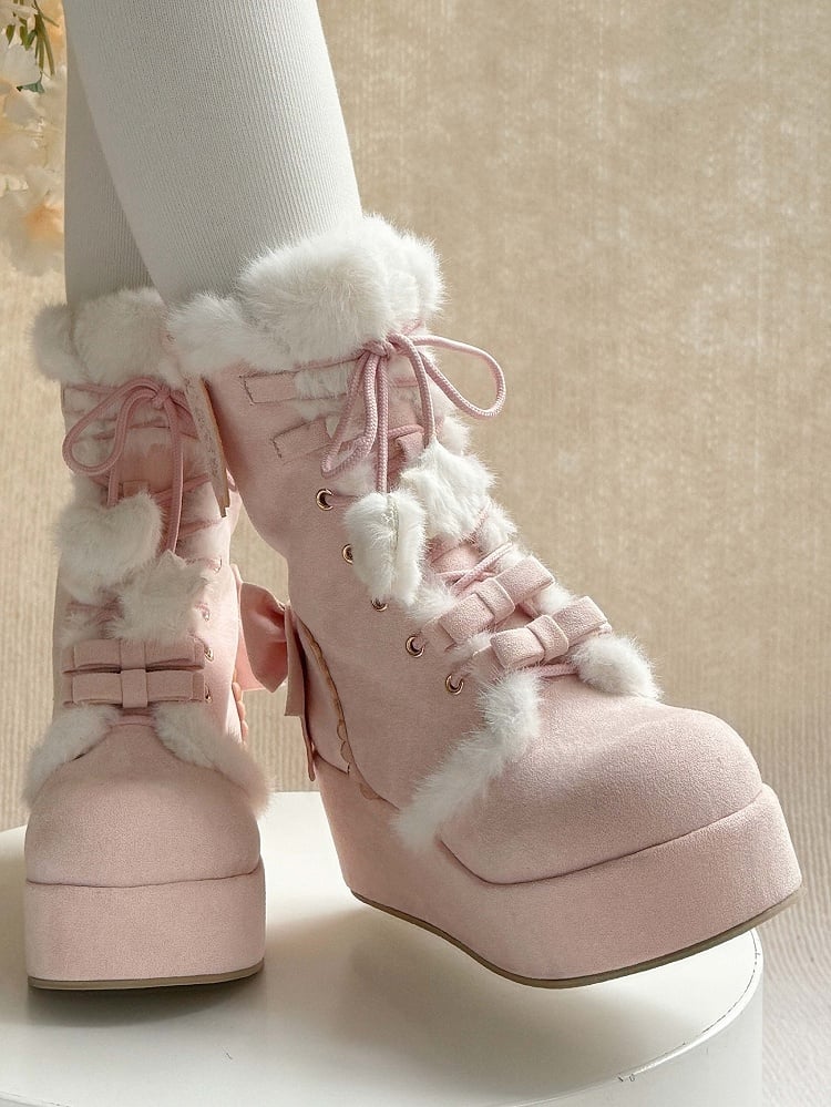 Sweet Lolita Platform Boots Pink Star Heart Bow 4cm Heel