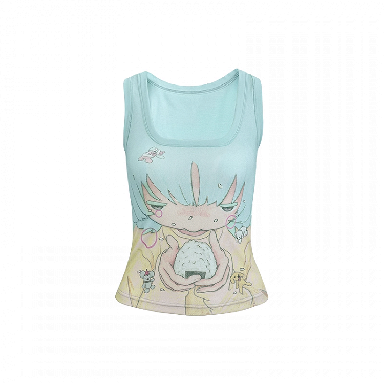 Tank Top Neckline Print Anime Girl Mint Green Square
