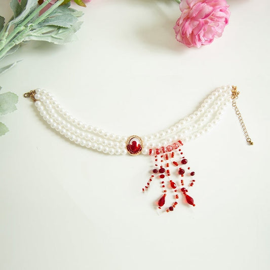 Bead Beaded Red Tassels White Necklace