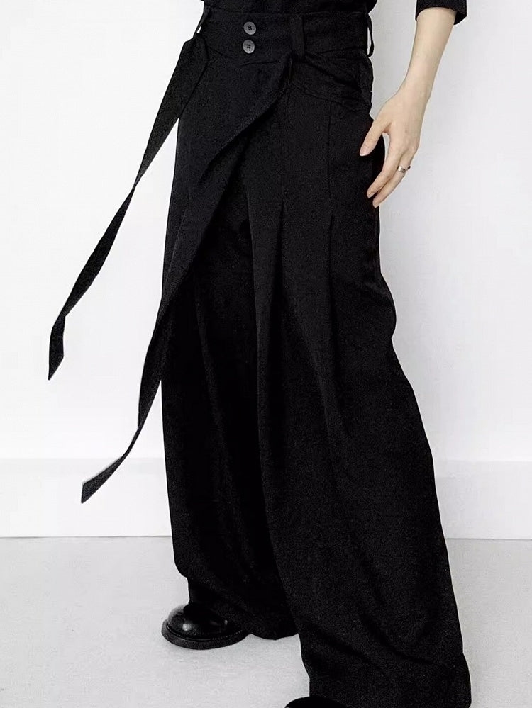 Wide-Leg Side Ribbons with Ouji Lolita Two-Button Fly Pants Black