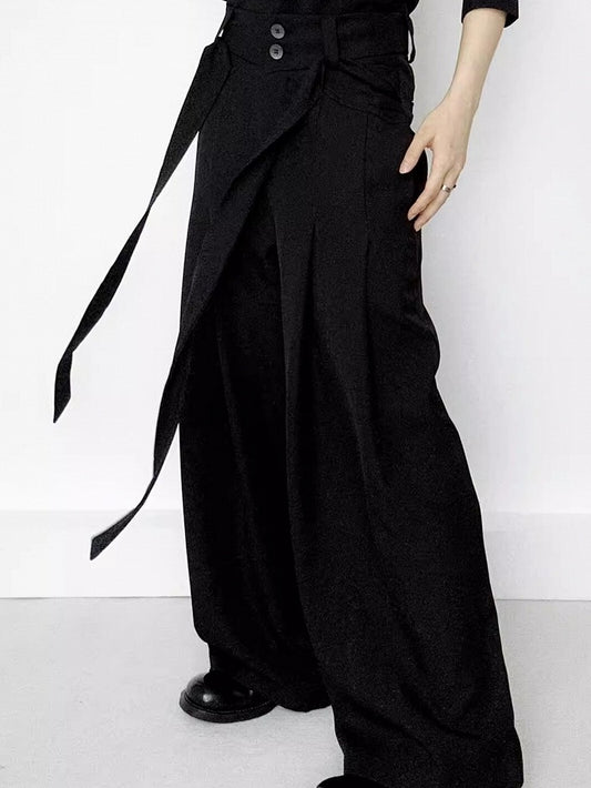 Wide-Leg Side Ribbons with Ouji Lolita Two-Button Fly Pants Black