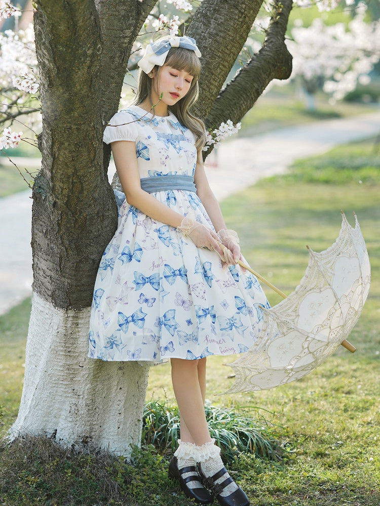 Sweet Bowknots Print Blue High Waist Retao Lolita Dress