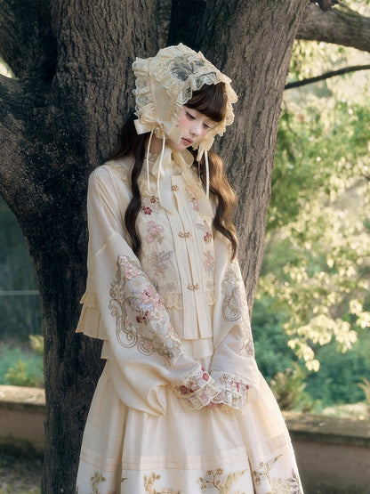 Hanfu-Inspired Beige Floral Embroidered Long-Sleeve Top with Lace - Yimu Walnut