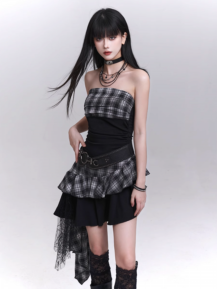 Trägerloses Kleid Rock Schwarz Weiß Plaid Asymmetrischer Saum Stufen