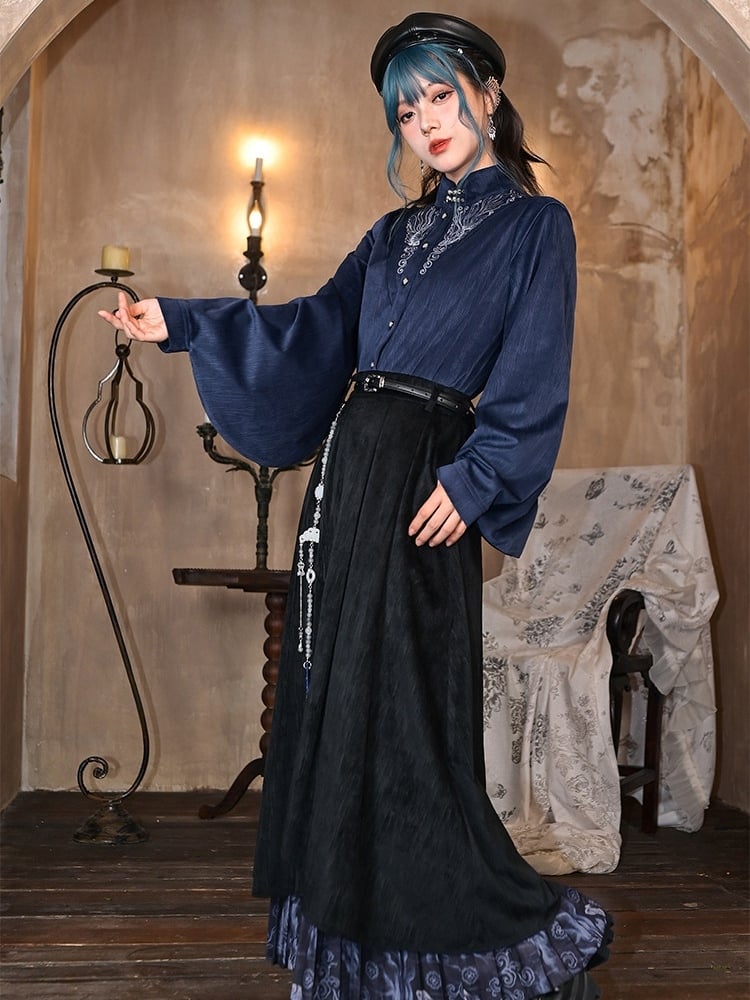 Sleeves Cheongsam - Collar Navy Blue Blouse Goth Mandarin Pipa