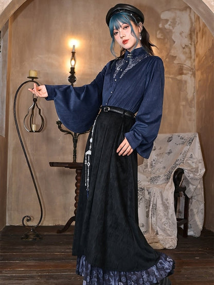 Sleeves Cheongsam - Collar Navy Blue Blouse Goth Mandarin Pipa