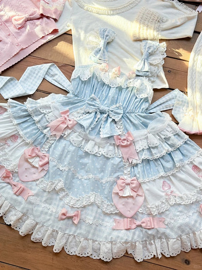 Dress with Layered JSK Sweet Lolita Blue Skirt Bow Accents