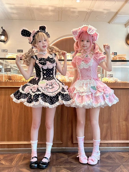 and Pink Polka with Dot Strawberry Adorable Lolita Details Dress JSK Black Themed Lace Bow