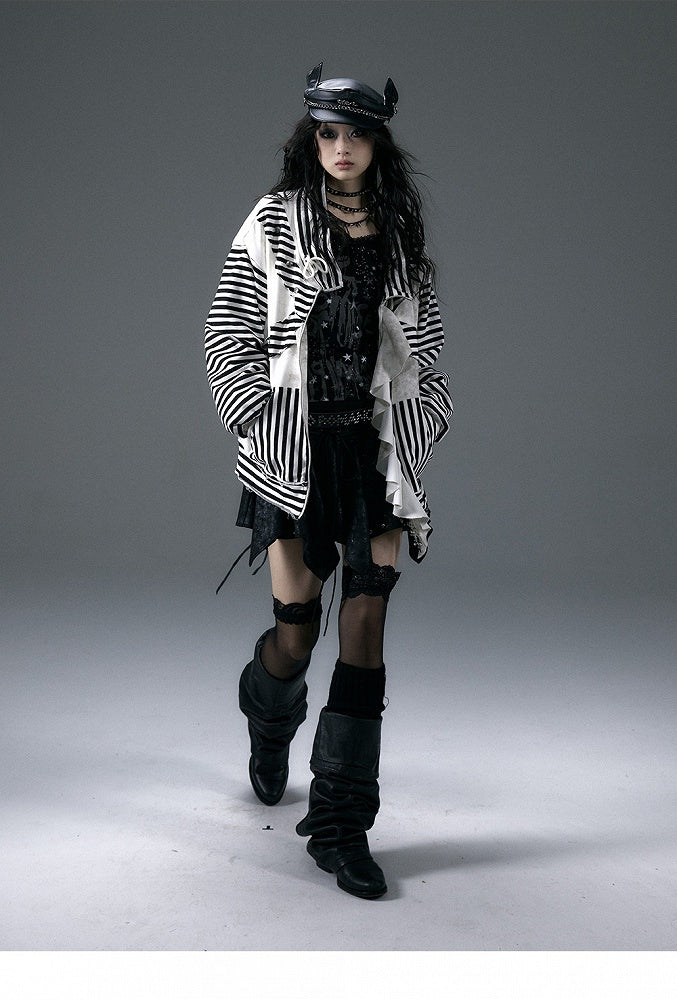Black and White Stripe Print Jacket with Flounce Hem