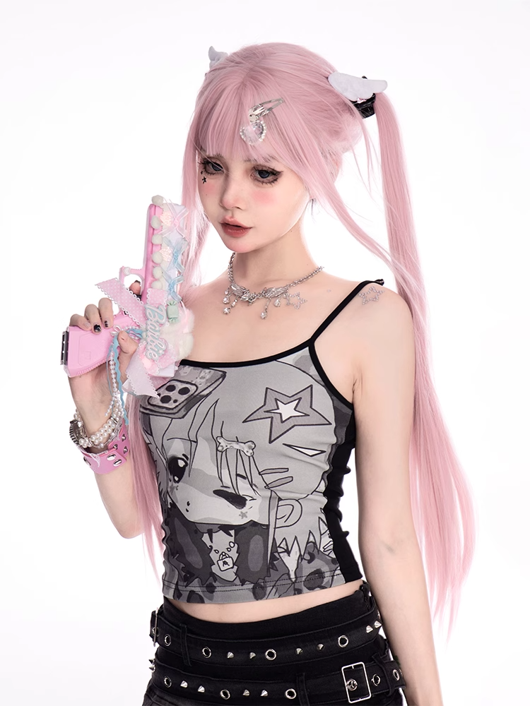 Schwarzes Cami-Top mit Rundhalsausschnitt und Cartoon-Print im Y2K-Stil