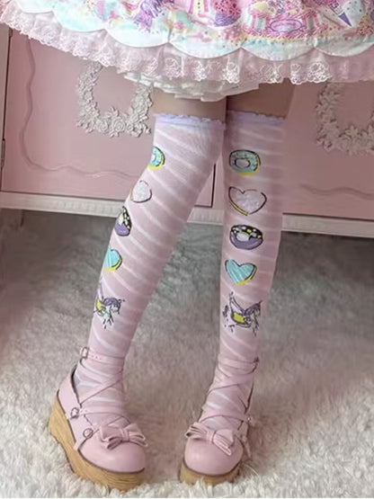 Over Striped Knee Donut Unicorn Pattern Print Lolita Pink/Yellow/Blue/Purple Stockings