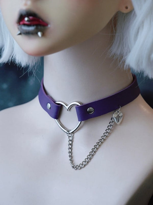 Choker Cross-shaped Pendant Heart Cut-out Purple And Chain Gothic