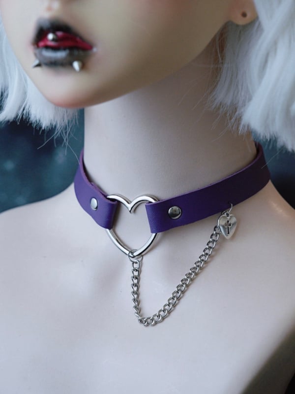 Chain And Heart Cut-out Gothic Choker Pendant Purple Cross-shaped