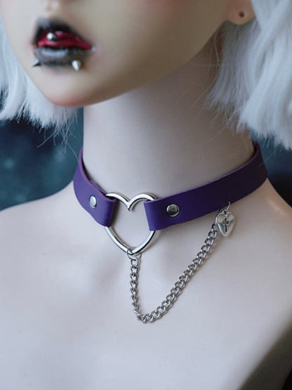 Chain And Heart Cut-out Gothic Choker Pendant Purple Cross-shaped