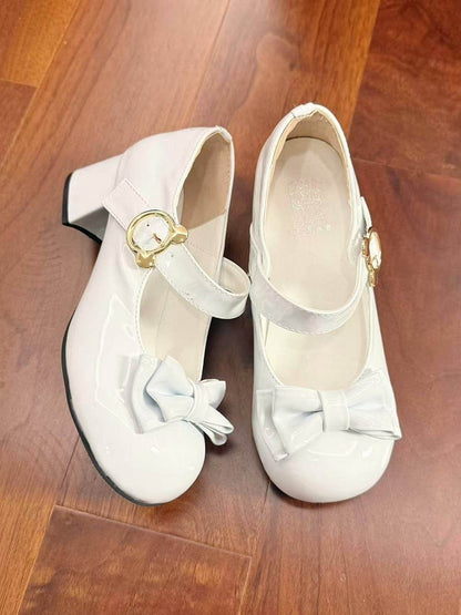 Blue Mid-heel Lolita Snap Bow Top Bear-shaped Shoes 5cm Round-toe PU with in