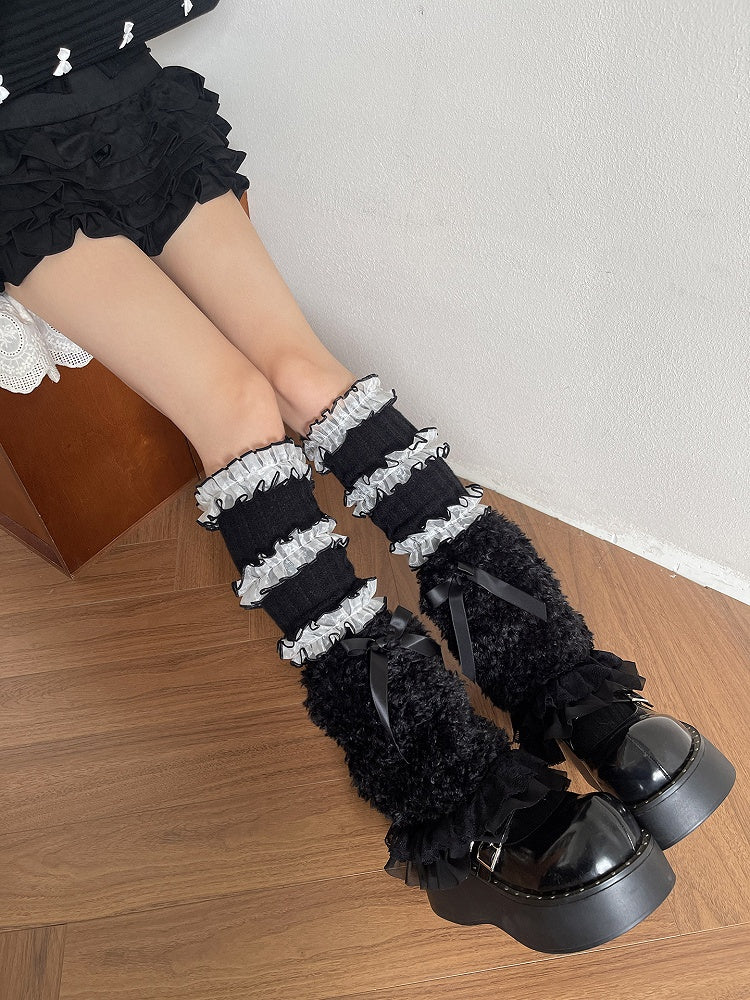 Trim with Leg Warmers Plush Lace Curly Bow White/Black Decoration