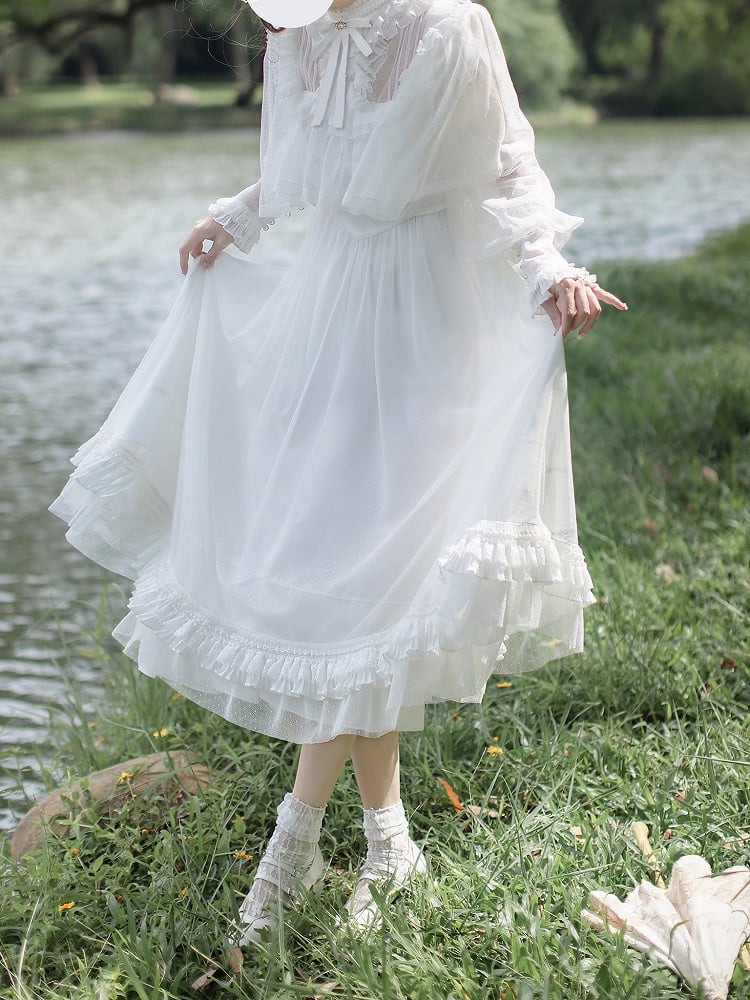Lolita Classic Ethereal Tulle Dot All-White Style Sleeve Shiro in Cape Dress: