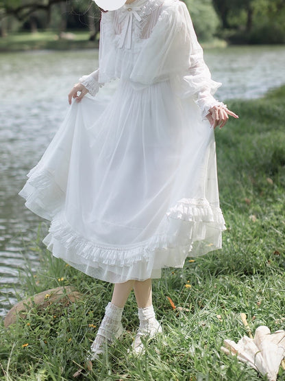 Lolita Classic Ethereal Tulle Dot All-White Style Sleeve Shiro in Cape Dress: