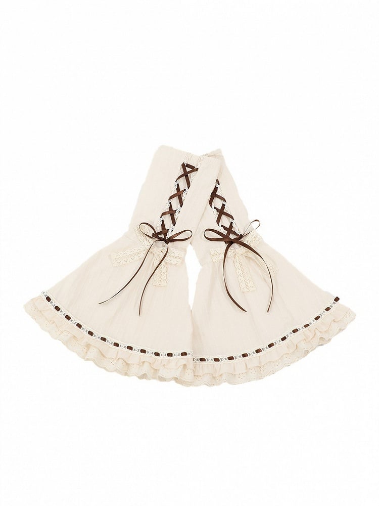 Vintage Beige Lace-Up Detachable Bell Sleeves with Lace Trim - Twin Bear Original Design