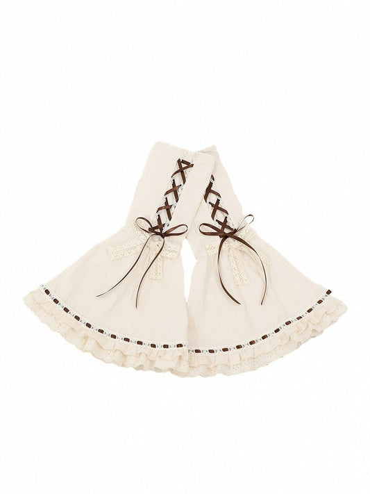 Vintage Beige Lace-Up Detachable Bell Sleeves with Lace Trim - Twin Bear Original Design
