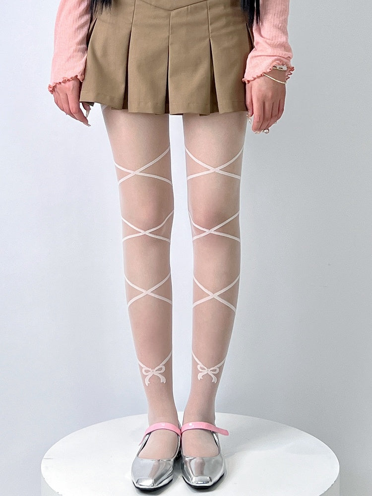 Nude/White Bowknot Print Crisscorss Banded Tights