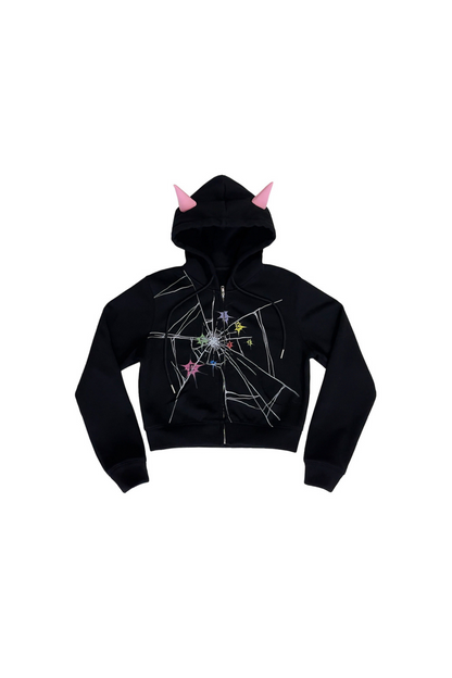 デビルポイントクラックルフード付きショートスウェットシャツ