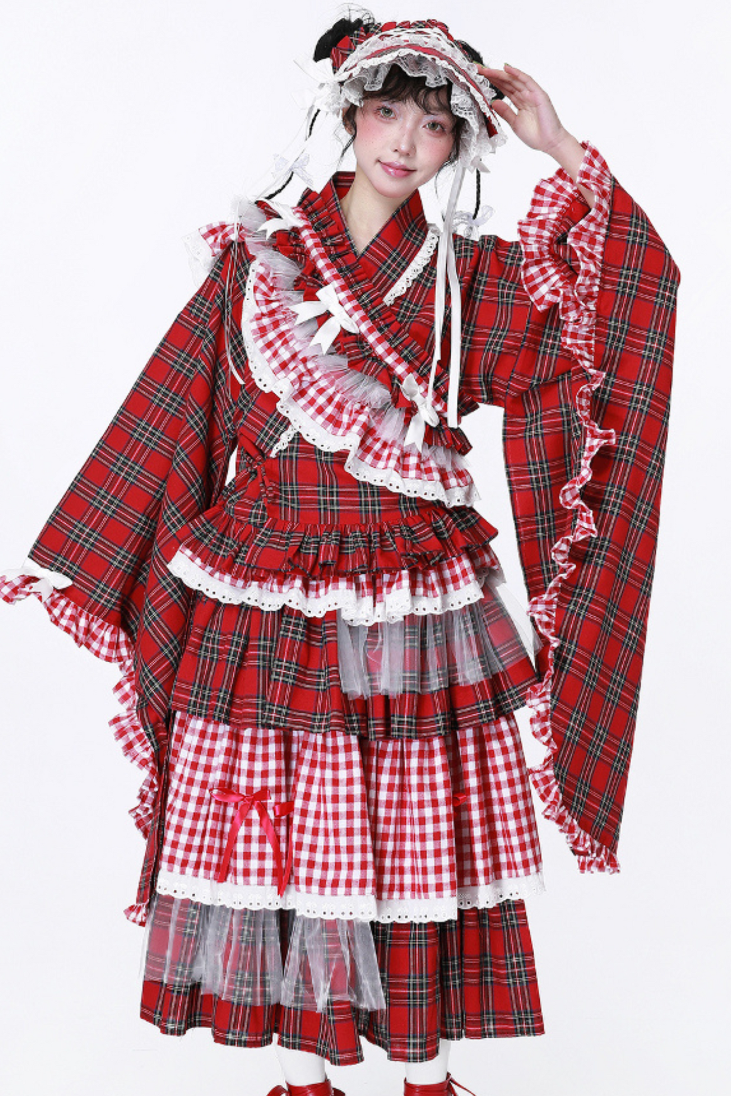 Schicker Kimono Rot Karierter Rock Retro