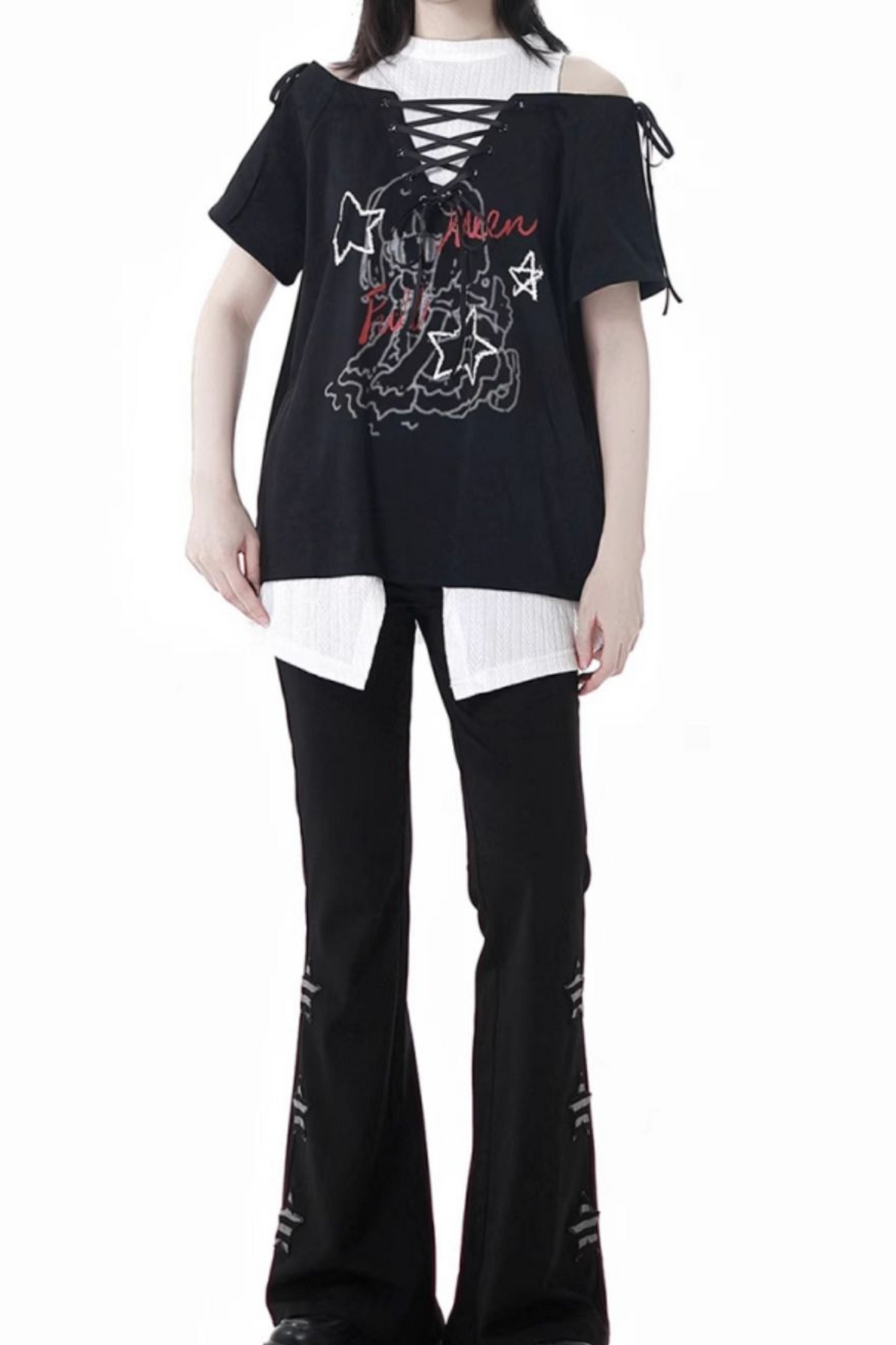 トップパンツイラスト + ガールサブカルチャーレースアップフレア