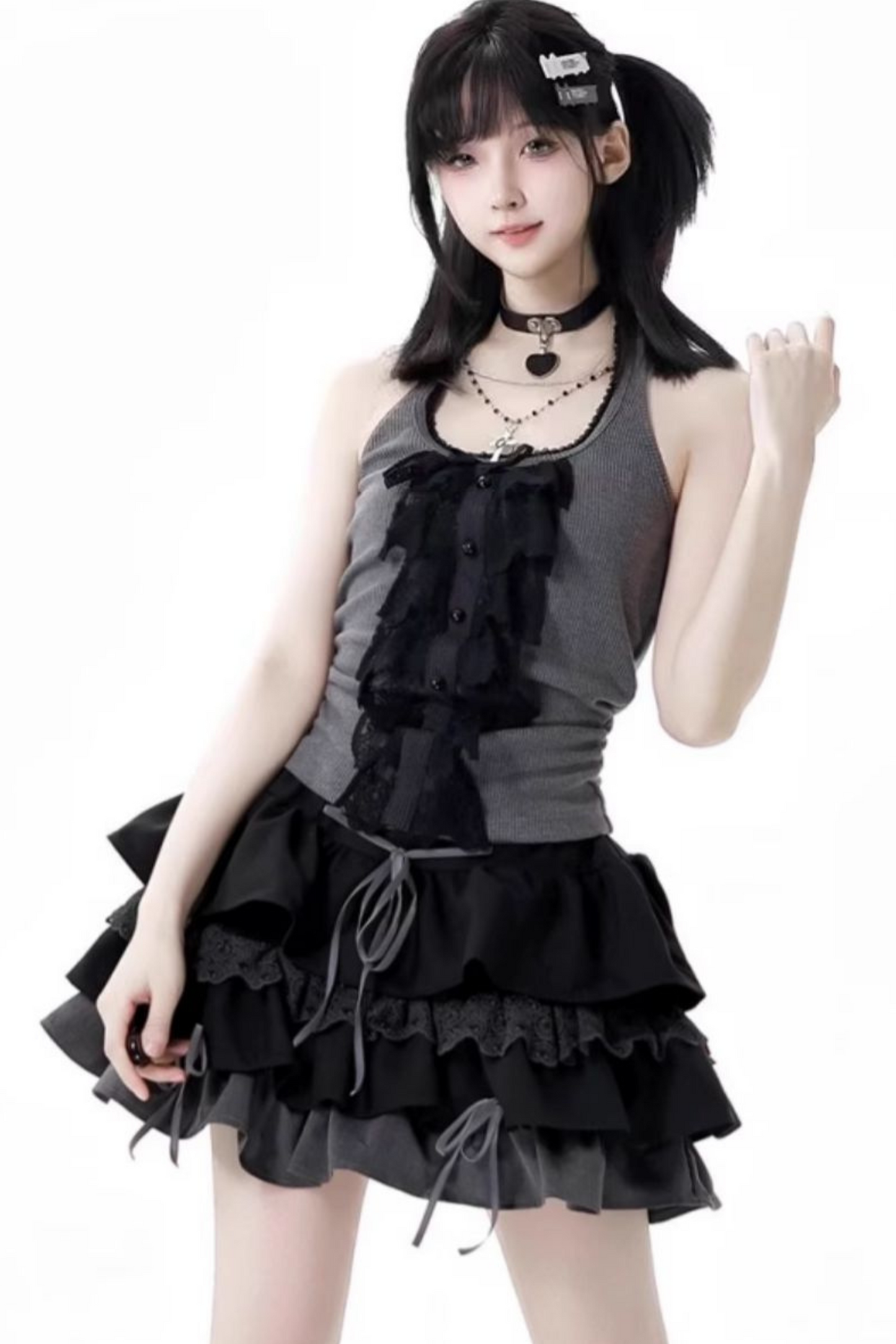 short neck cardigan lace top halter skirt + Vintage