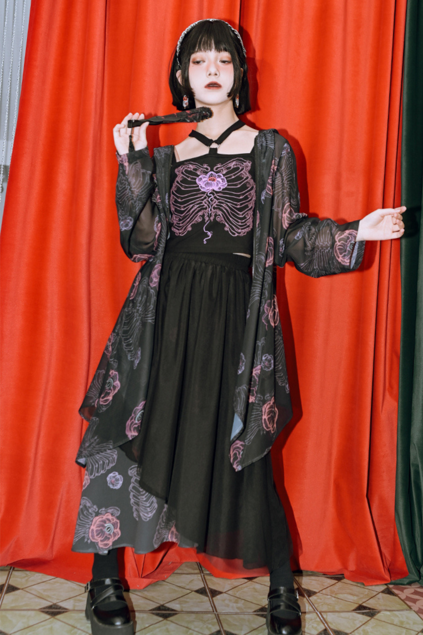 デザインアシンメトリーフローラルメッシュレイヤースカート