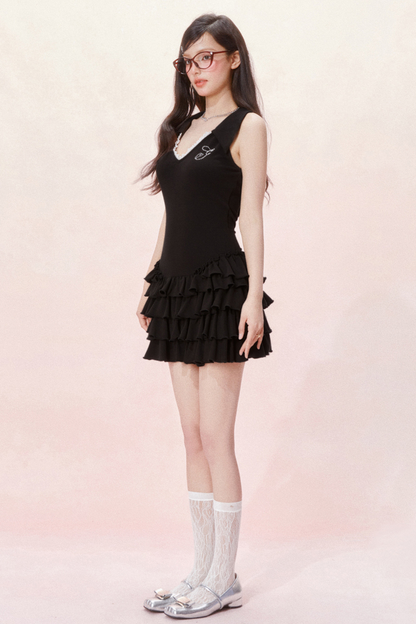 Schlankes Cake Dress Fit Ärmellos Schick Rüschen V-Ausschnitt