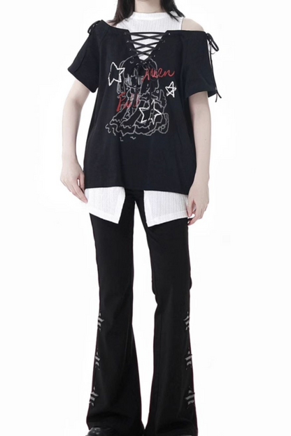 Schlaghose mit Schnürung Illustriertes Top Subculture + Girl
