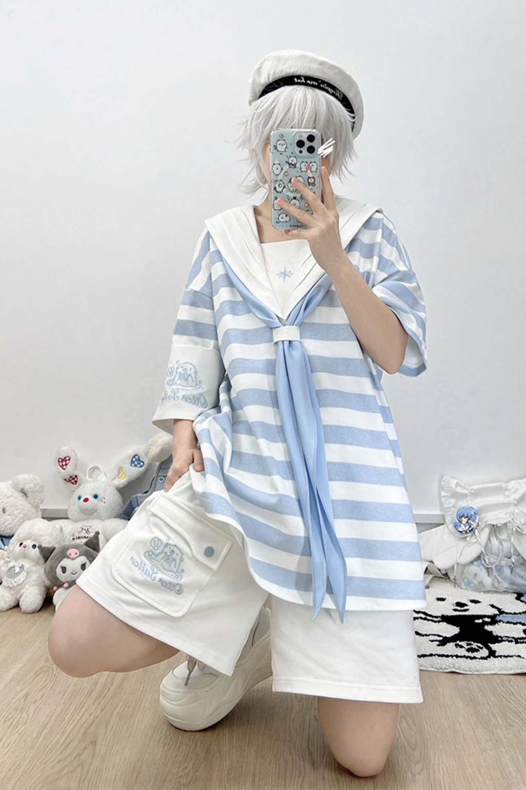 Sailor Neighborhood👼 Reserved Pants Subculture Tops Striped Collar Half Angel + Item