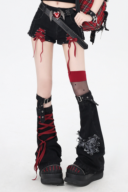 ショートパンツ カラーリボン デニム レースアップ