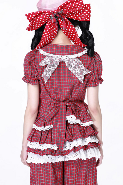 トップススリーブチェックパフレトロ