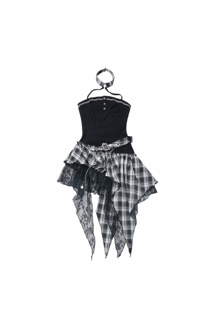 シックなショルダーロックショートワンピース+ショートパンツトップチェック