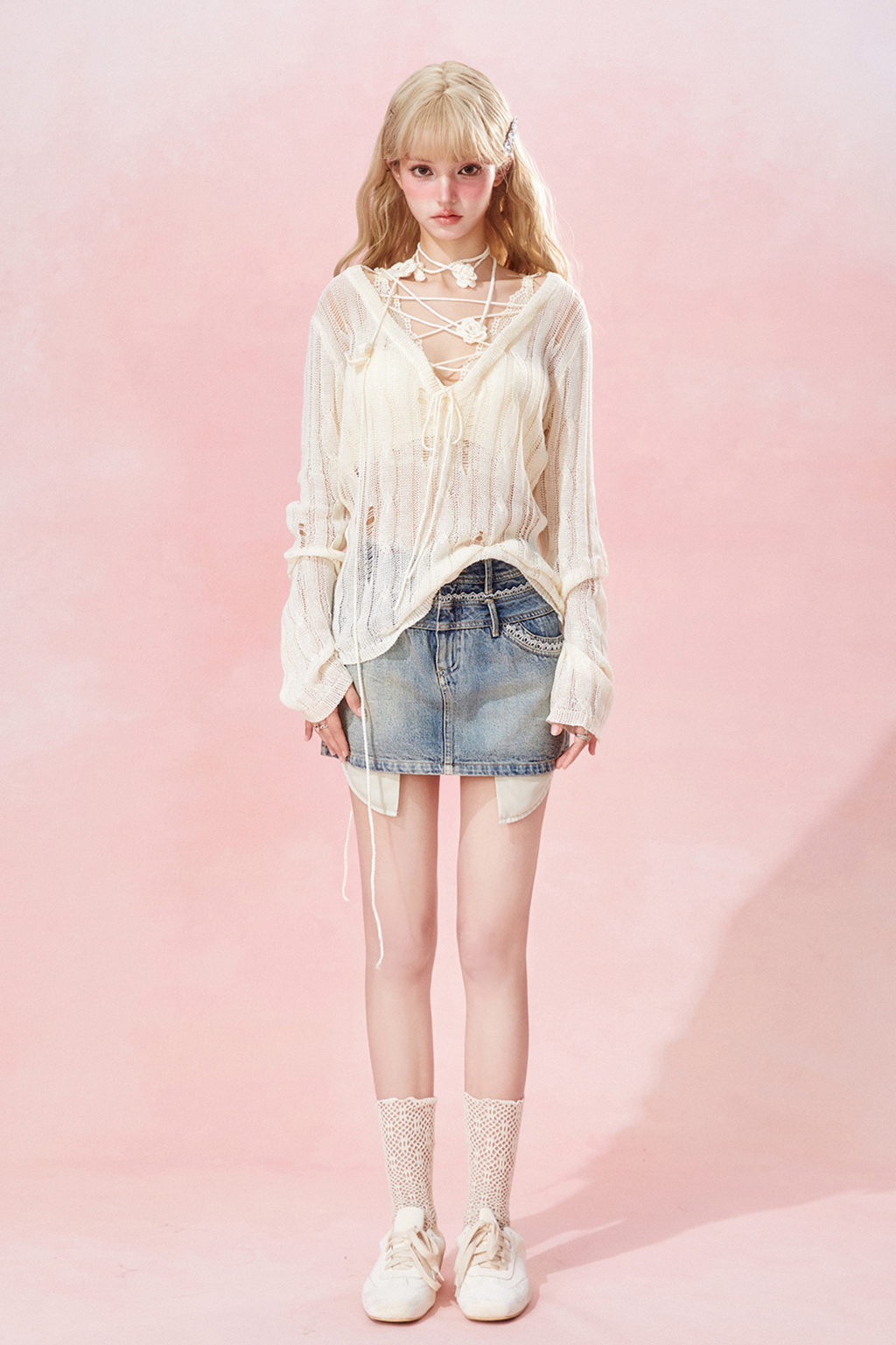 inner knit sweater cutout Sheer corset +