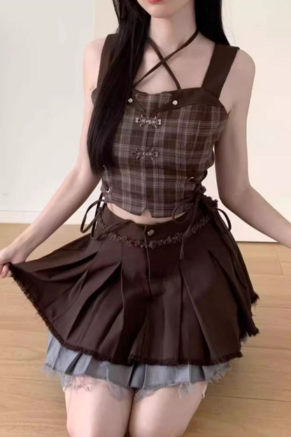 スカート + ブルーのビスチェトップ、ダークチェック、Y2K、アシンメトリー