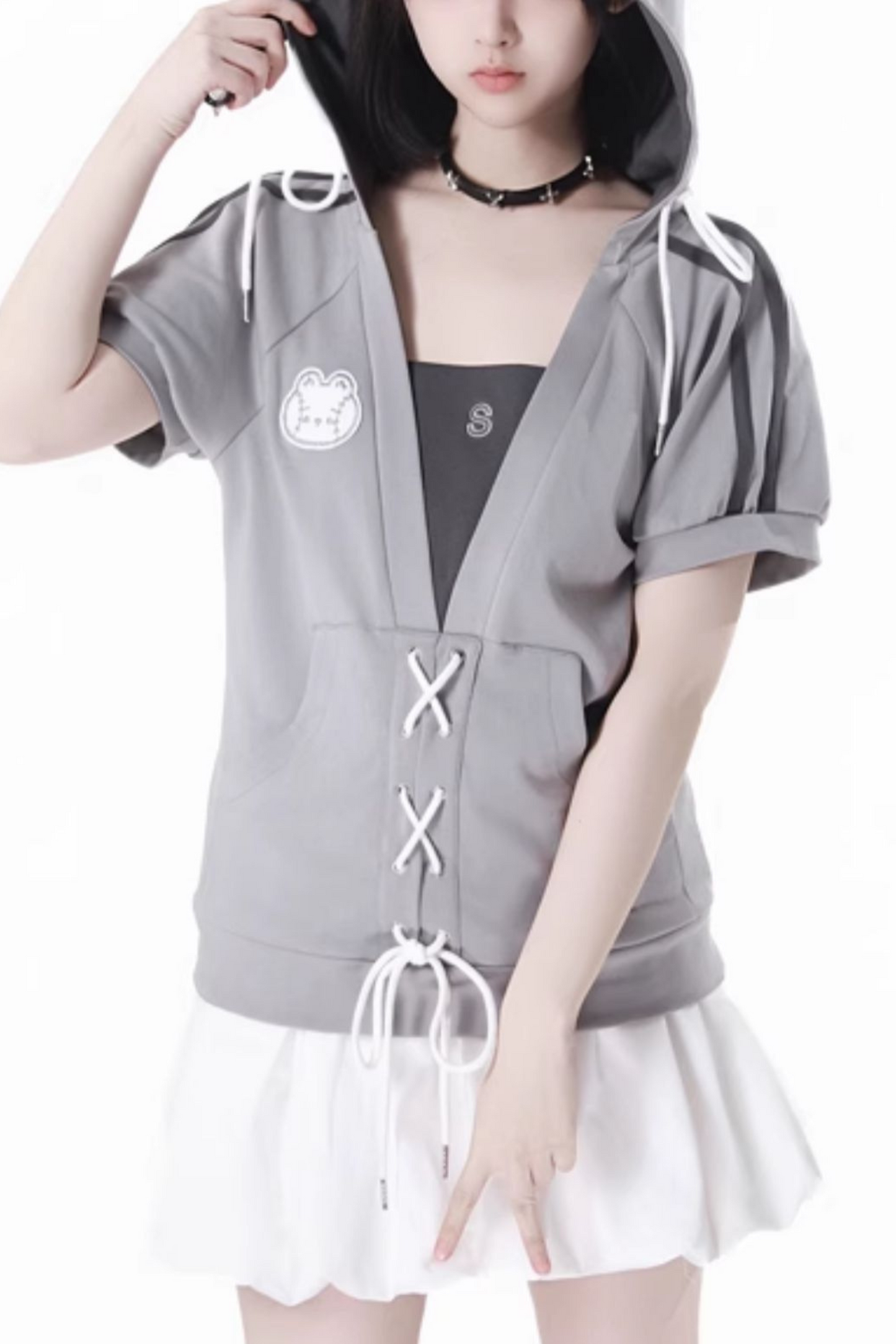 フード付きスカート レースアップトップス + ゆったりTシャツバルーン