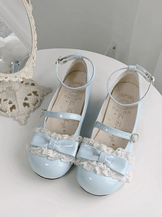 Low-heel Mary Janes with Bow Sweet Lolita Round-Toe Blue Accent
