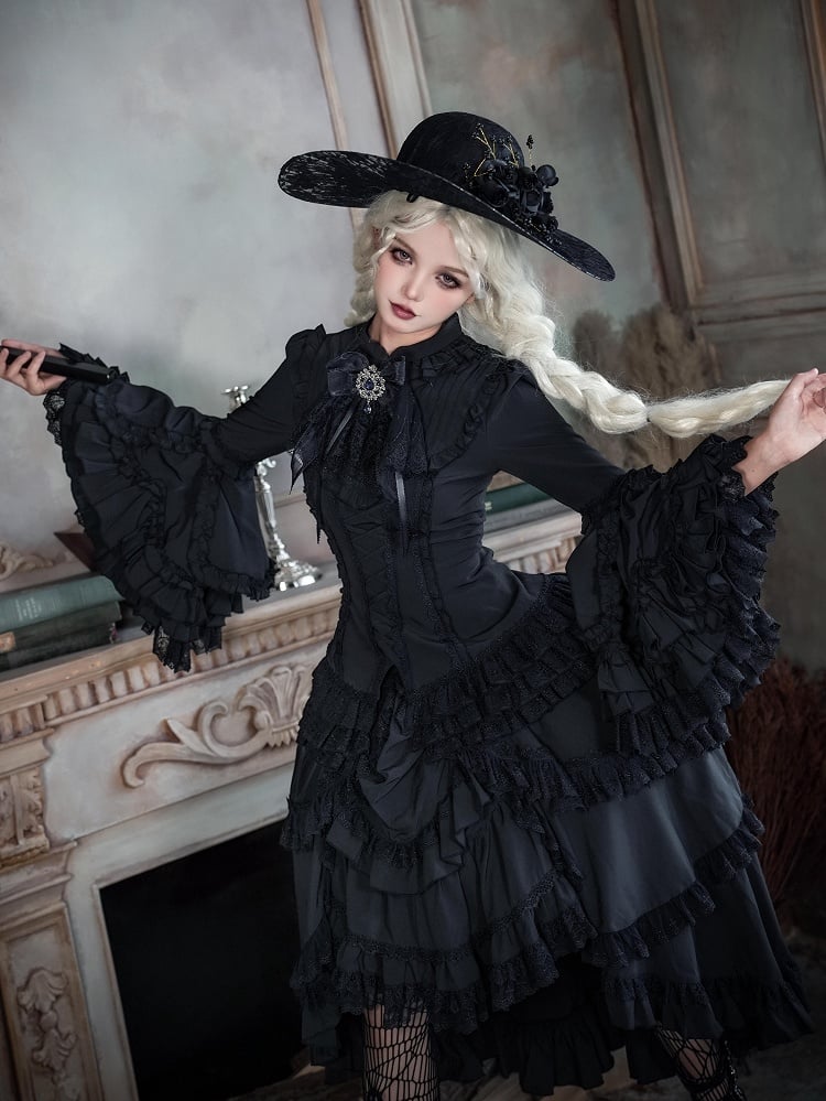 Black Lolita Shirt Sleeves Layered Gorgeous Bell All Long Gothic Kuro