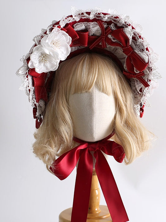 Lace-Trimmed Floral Bowknot White Gorgeous And Lolita Red Bonnet