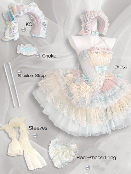 Süßes Lolita-Ballettkleid, blauer gestufter rosa Rock, gelbe Korsett-Taille