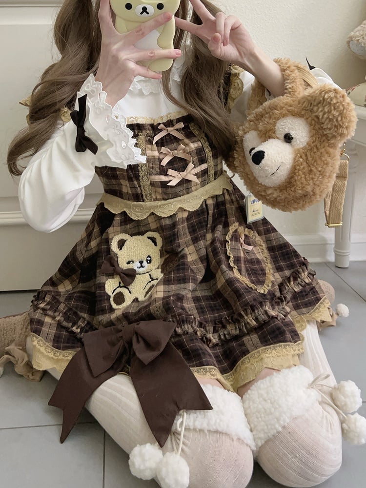 Sleeves Kawaii Soft Brown Plaid Dress Flutter with